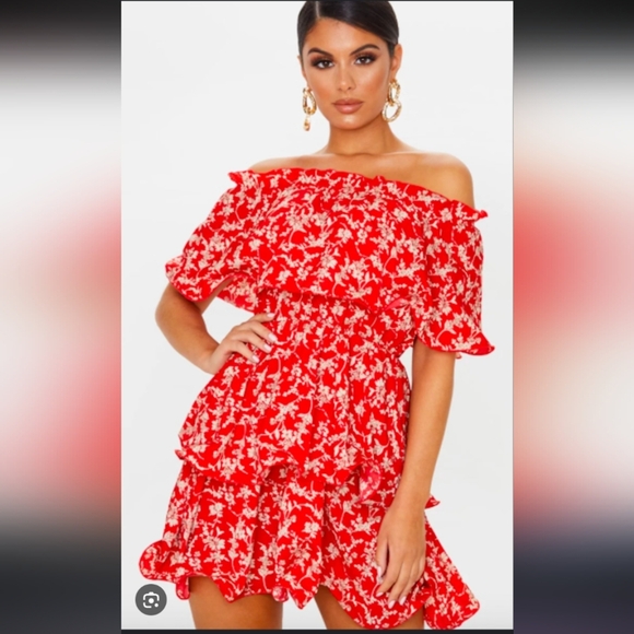 Pretty Little Things Red Floral Print Chiffon Bardot Ruffle Tiered Dress 12 NWT - Picture 1 of 10